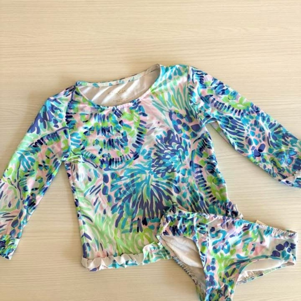 Lilly Pulitzer Shell of a Party Blue and Green Rashguard Swim Set swimsuit